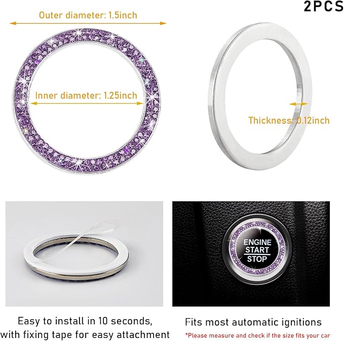 Kewucn 2 PCS Bling Crystal Double Rhinestone Car Engine Start Decoration Ring, Sparkling Push Start Button Sticker, Key Ignition & Knob Ring Decoration, Bling Car Interior Accessory(Purple) - Image 2
