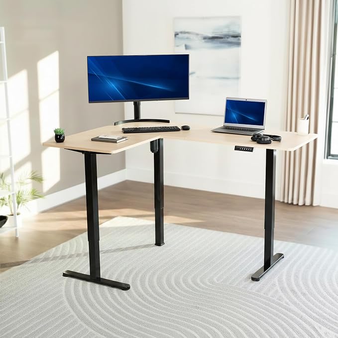 VIVO Light Wood 63 x 47 in Corner Standing Desk, DESK-E3CTC-47 | Electric, Reversible L-Shaped Table, Sit Stand, Height Adjustable, Memory Controller, Office Furniture Sets, Black Frame - Image 2