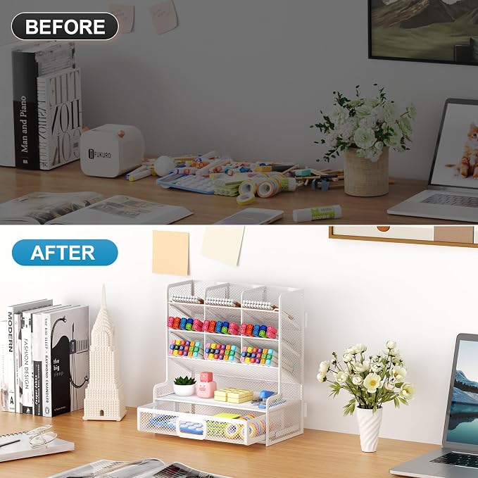 Marbrasse Larger Mesh Desk Organizer with Drawer, Multi-Functional Pen Pencil Holder, Easy Assembly, Desk Organizers and Accessories for Office Art Supplies (White) | Multi-Functional Pen Pencil Holder, Easy Assembly, For Office Art Supplies - Image 7