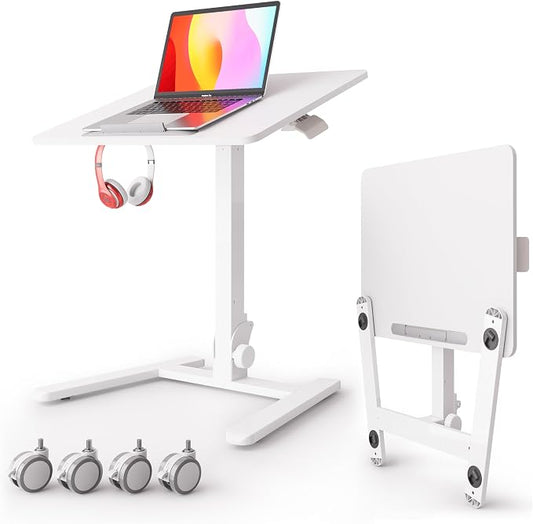 Monomi 25“ Mobile Folding Desk,Pneumatic Sit-Stand Table,No Assembly,White | Height Adjustable Rolling Laptop Desk,Space-Saving Portable Small Desk with Wheels,Ideal for Home Office,Craft & Study by MONOMI