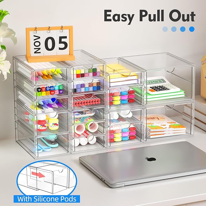 ARSTPEOE 17-Drawer Acrylic Storage & Makeup Organizer for Desk, Bath | Smooth-glide drawers, clear acrylic, 4-set stackable, dustproof, wipe-clean, for serum samples, sheet masks, bobby pins - Image 4