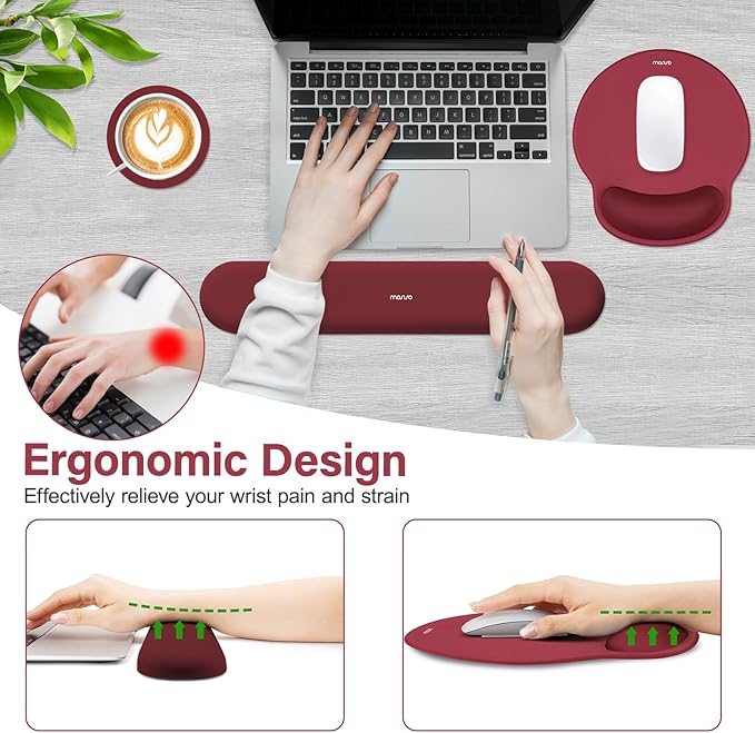 MOSISO Wrist Rest Support for Mouse Pad&Keyboard Set, Wine Red | Circle Curved Ergonomic Mousepad Non-Slip Base Home/Office Pain Relief&Easy Typing Pad with Soft Cloth&Silicone Lining - Image 3