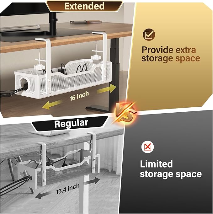 Under Desk Cable Management Large, Cinati 16" Cable Management Box for Table Thickness up to 3", Wire Cord Organizer with Clamp No Drill, No Damage to Desk (White) - Image 2