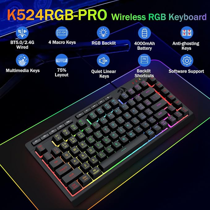 Redragon Wireless Gaming Keyboard, RGB Backlit, Portable 75% Design, Black | Bluetooth/2.4GHz/USB-C Wired, Mini Quiet Macro Membrane Keyboard, Rechargeable 4000mAh Battery, Anti-Ghosting for Win/MAC - Image 2