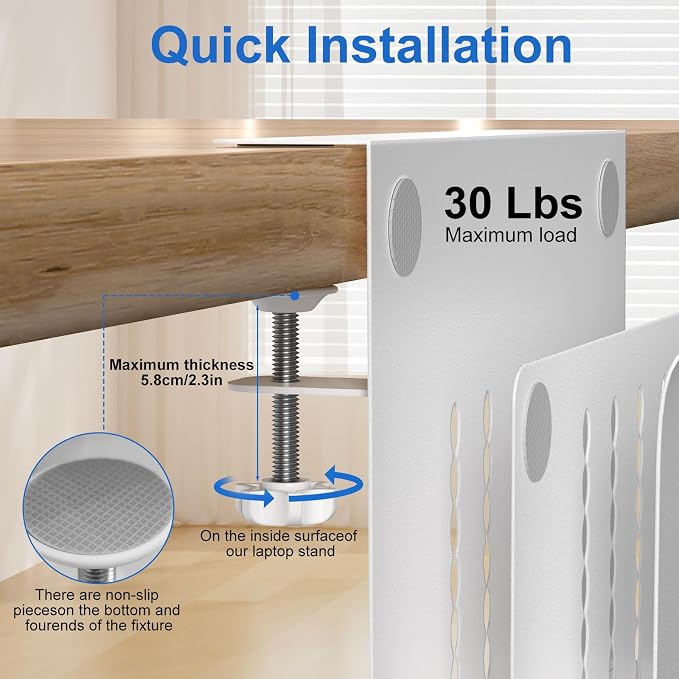 HAMOPY Desk Side Storage, 2 Tier Steel Hanging Desk Organizer with Magnetic Pen Holder, No Drilling Standing Desk Drawer Cable Management Tray, Under Table Laptop Holder for Office, School&Home(White) - Image 6