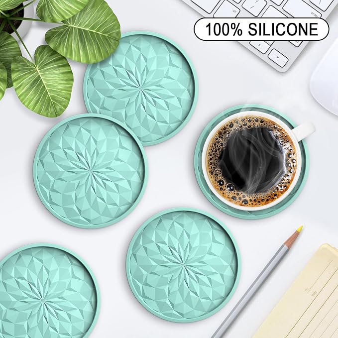 ME.FAN Silicone Coasters with Holder,[6 Pack] Drinking Coasters - Cup Mat for Hot or Cold Drinks, Thickened, Non-Slip, Non-stick,Deep Tray Mint Green - Image 2