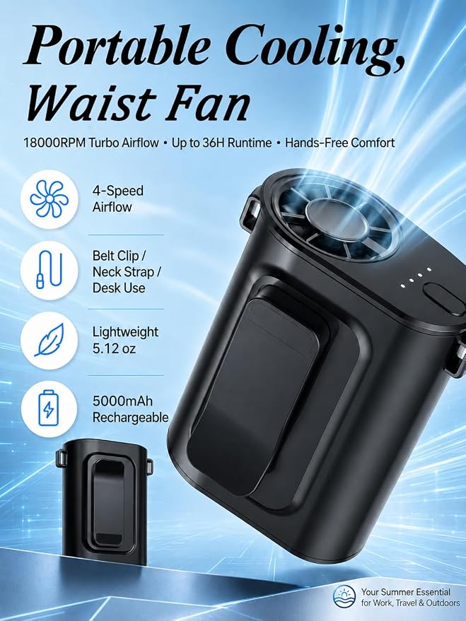 Waist Fan Portable Ultra Lightweight Design | Belt Clip on Fan for Shirt, Up to 36H Runtime, High Speed 18000RPM Strong Airflow, Neck Body Fan Camping Essentials - Image 2