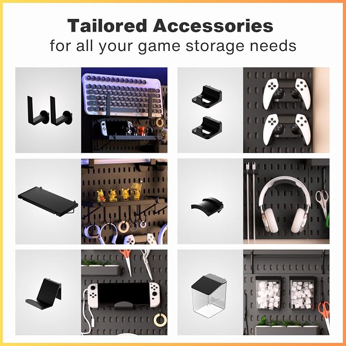 Keepo Peg Board Wall Organizer for Gaming Setup, Pegboard with Adhesives & Screw Mounts, Includes Peg Board Accessories for Gaming Accessories, Tech Storage & Office Organization (Black, 33″×22″) - Image 4