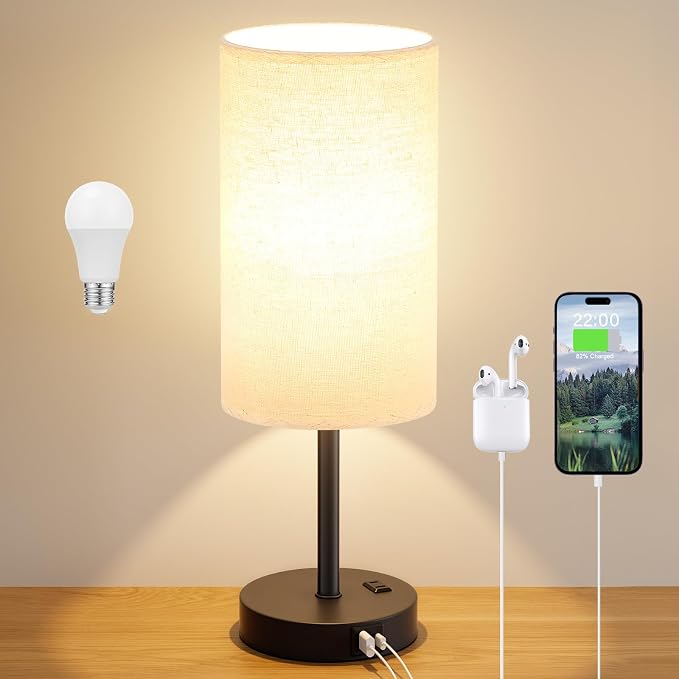 Dicoool 17.4" Bedside Lamp for Bedroom - Dimmable Touch, USB A+C, AC Outlet | LED Bulb Included, 3-Way Dimmable, 17.4" Table Lamp for Living Room, Dorm, Beige Fabric Lampshade, Black Metal Base - Image 8