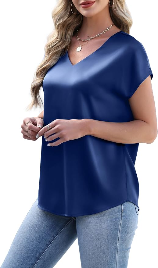 WIHOLL Womens Satin Summer Tops Cap Short Sleeve Blouses V Neck Shirts Business Casual Outfits Fashion Clothing 2026 - Image 3