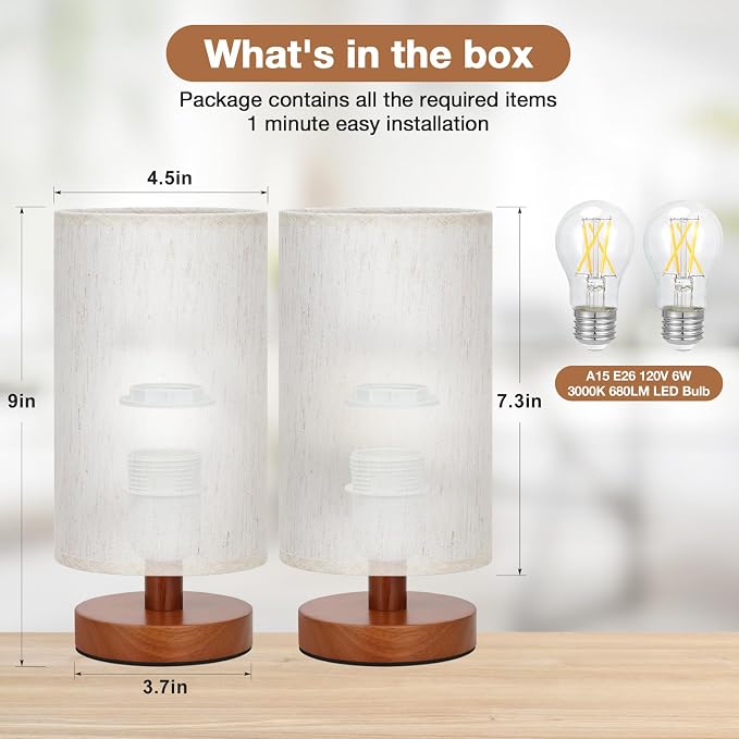 Desk Small Lamps Set of 2 (Cream Shade - Walnut Base, 9" Inline Control) | Two 3000K LED Blubs Included | 680 Lumens | Easy Assembly | Minimalist Design | E26 | for Kitchen | for Kids Room - Image 2