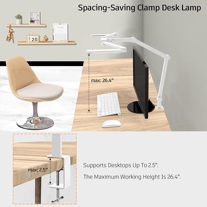 EPABINA LED Desk Lamp for Home Office, 41.5" White Clip on Architect Desk Lamp with Clamp, 24W Adjustable Dimmable Bright Swing Arm Eye Care LED Table Light Clamp on Office Lighting - Image 6