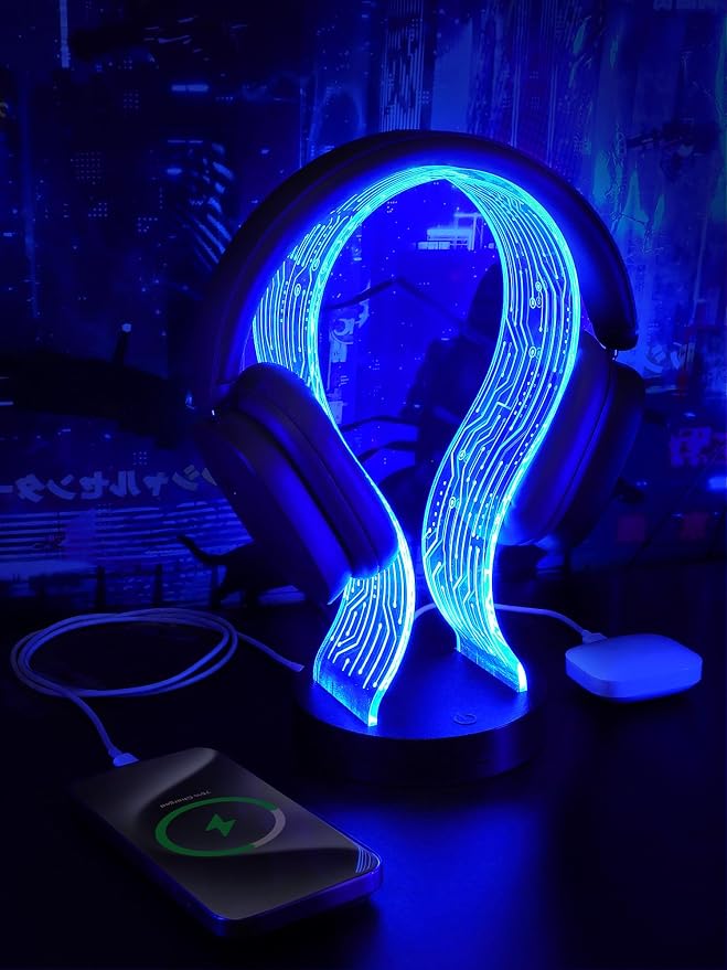 CoolGift Mart Light Up Headphone Stand with 16 Color Lights, PCB Pattern Acrylic Headset Stand with 1 USB and 1 Type-C Charging Ports, Gifts for Gamers Men Boy Father Dad and DJ Music Lovers by CoolGiftMart