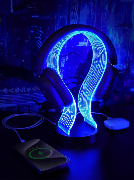 CoolGift Mart Light Up Headphone Stand with 16 Color Lights, PCB Pattern Acrylic Headset Stand with 1 USB and 1 Type-C Charging Ports, Gifts for Gamers Men Boy Father Dad and DJ Music Lovers by CoolGiftMart
