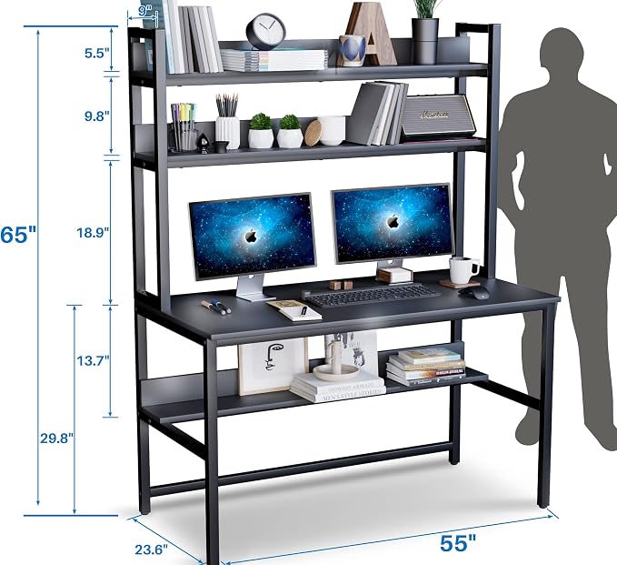 Aquzee Computer Desk with Hutch and Bookshelves, Large Leg Room 55 inch Width Black Desk with Space Saving Storage Shelves, Easy Assemble and All Hardware and Tools Included - Image 3