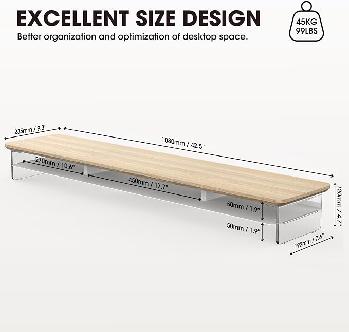 Fenge 42.5" Dual Monitor Stand with Clear Acrylic Legs, Oak | Clear acrylic, storage compartment, 2-tier home office monitor riser, wide large desktop shelf fit monitor/laptop/printer - Image 5