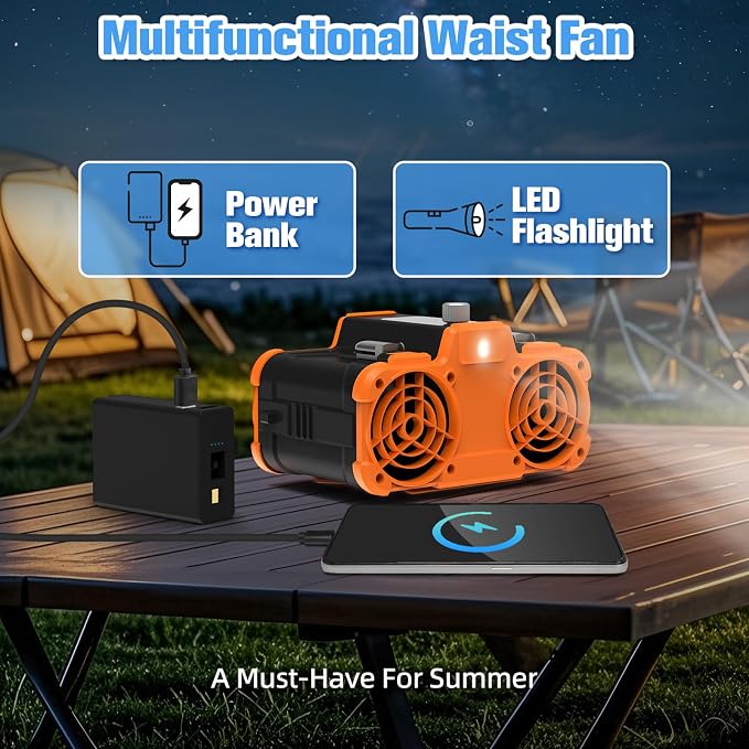 12000mAh Portable Waist Fan, 6 in 1 Rechargeable Wearable Belt Clip Fan with Flashlight & Detachable Power Bank, Strong Airflow Body Fans Neck Fans Hands-Free 30H Cooling for Hiking Cruise Courier - Image 5