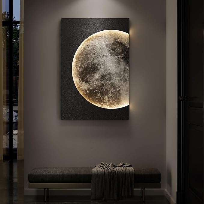 Large 3D LED Moon Wall Art, Modern Minimalist Backlit Lighted Lunar Artwork for Walls, Vertical Contemporary Black Textured Paintings for Living Room Bedroom Dining Room Hallway Entryway Wall Decor 24x36 In - Image 3