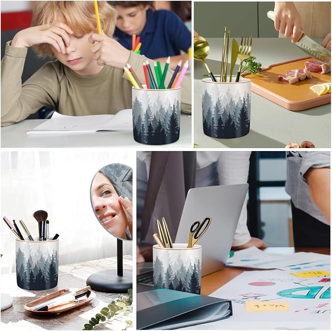 Large Capacity Pen Pencil Holder for Desk, Ceramic Pens Cup Cute Makeup Brushes Holder, Unique Desk Multifunctional Pen Organizer for Home, Office, and School, Forest Pattern - Image 2