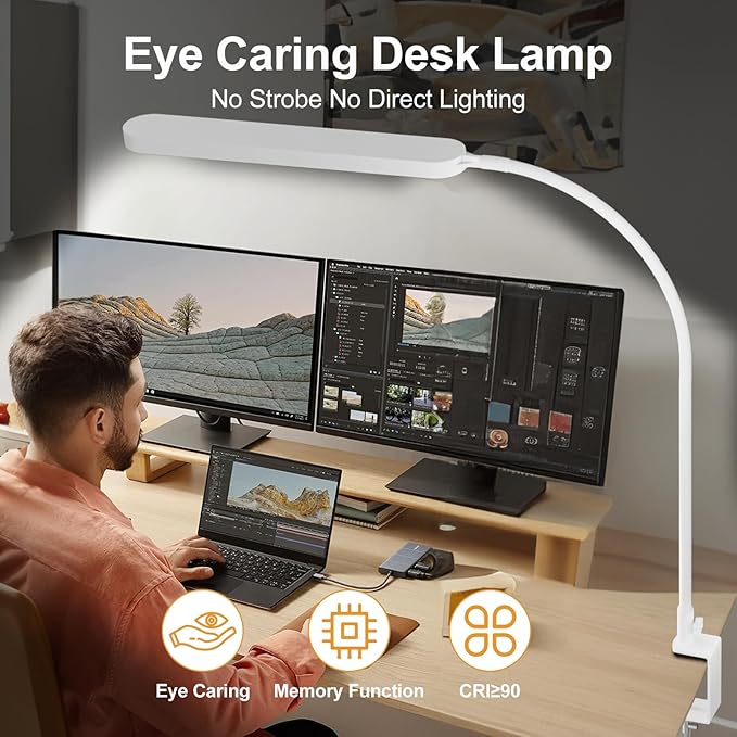 SKYLEO Led Desk Lamp - 33.5" Desk Light - Flexible Gooseneck - 5 Color Modes X 11 Brightness Levels - 1300LM - Timmer & Memory Function - 12W Clip on Light - White - Image 5