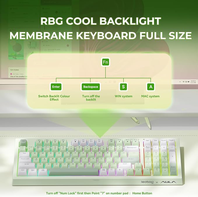 LEOBOG X Aula Green Keyboard Wireless Gaming Keyboard Creamy Silent | 98 Keys,Quiet,RGB Backlit,2000mAh Computer Keyboards Membrane Creamy Keyboard with Number Pad,Tri-Mode BT/2.4GHz/USB-C - Image 5