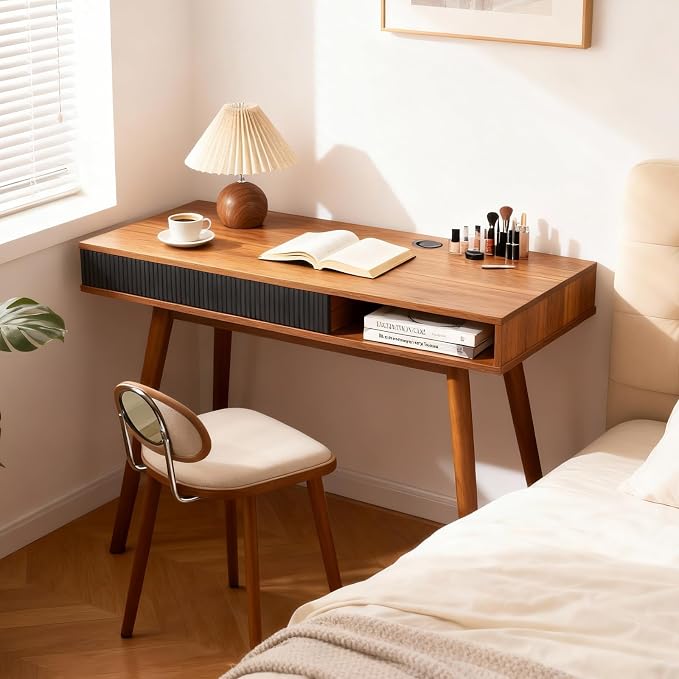 Walnut Wood Desk with Drawer, 42.5" Mid Century Modern Writing Desk | Drawer & Open Storage Cubby, Cable Grommet, Solid Wood Legs, Reinforced Structure for an Organized & Stable Workspace - Image 3
