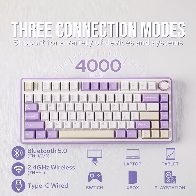EPOMAKER x Aula F75 Gasket Mechanical Keyboard, 75% Wireless Hot Swappable Gaming Keyboard with Five-Layer Padding&Knob, BT/2.4GHz/USB-C, RGB (Purple, LEOBOG Reaper Switch) - Image 3