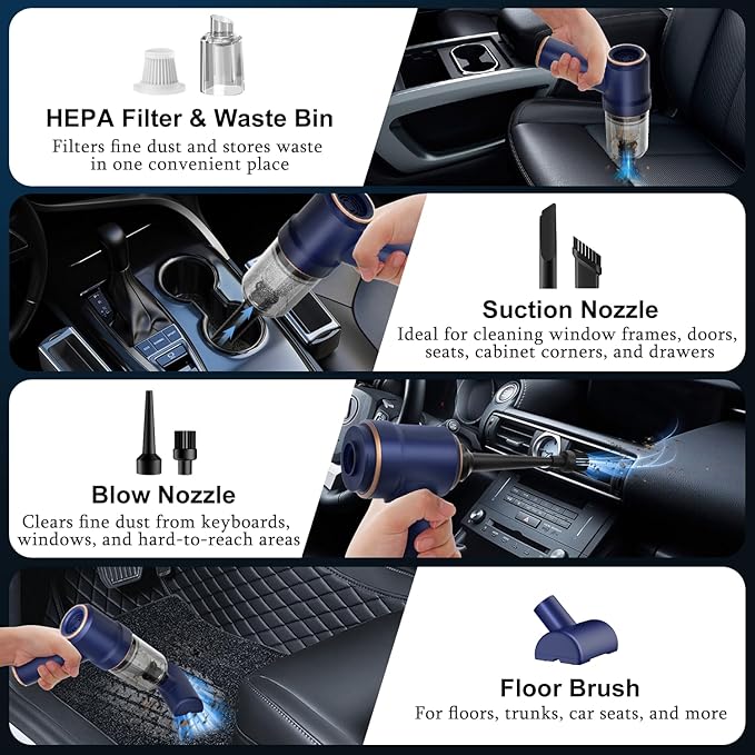 KMM Handheld Car Vacuum Cleaner, 9000Pa Vacuum Cleaner and Air Duster, 120W High Power Hand Held Vacuum with LED Light and Multi-Nozzles for Car, Home, Office, Pet - Image 6