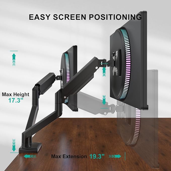WALI Dual Monitor Stand for 13-32 inch Computer Screens, Dual Monitor Arms for 2 Monitors Holds up to 22 lbs, Height Adjustable Dual Monitors Mount, VESA 75x75/100x100mm (GSMP002N), Black - Image 4