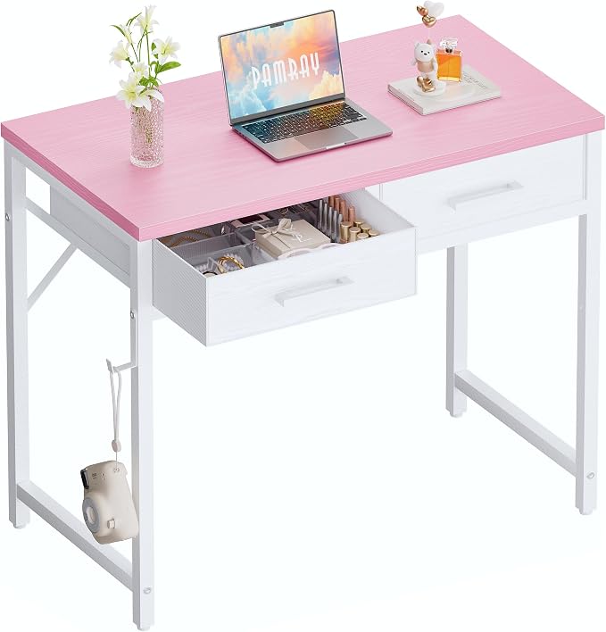 Pamray 32 Inch Small Computer Desk with 2 Drawers for Bedroom Study Writing Home Office Table for Small Spaces Pink by PAMRAY
