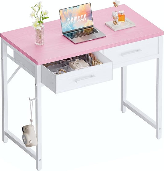 Pamray 32 Inch Small Computer Desk with 2 Drawers for Bedroom Study Writing Home Office Table for Small Spaces Pink by PAMRAY