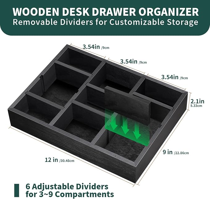 Wooden Desk Drawer Organizer | 9-Slot Desktop Tray | Adjustable Drawer Storage Box for Pens, Keys, Watch, Sticky Notes | Farmhouse Home&Office Decor - Image 2