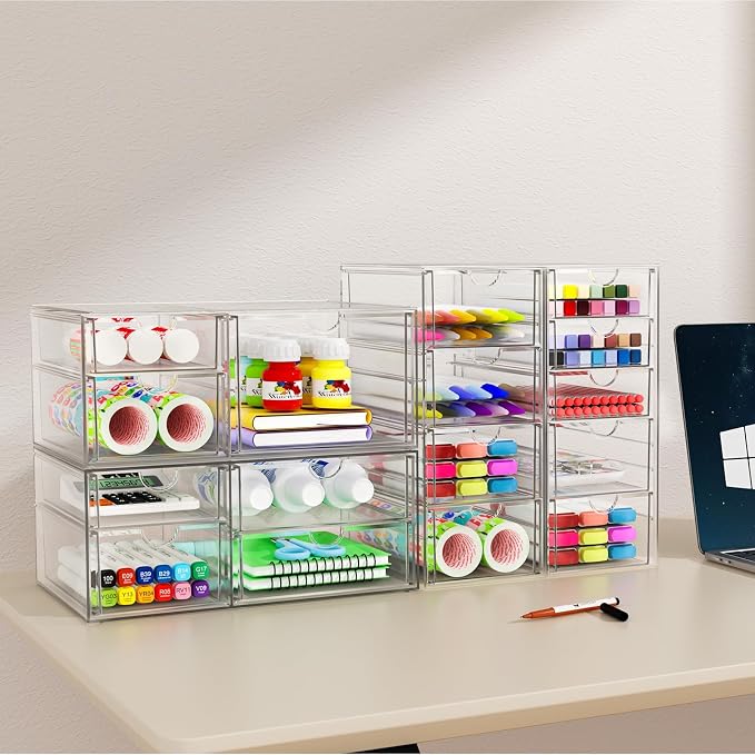 YFXCVSL 6-Pack Acrylic 31-Drawer Storage & Makeup Organizer for Desk | Smooth-glide drawers, clear acrylic, stackable, dustproof, wipe-clean, for makeup palettes, lipsticks, blushes, cotton pads - Image 5