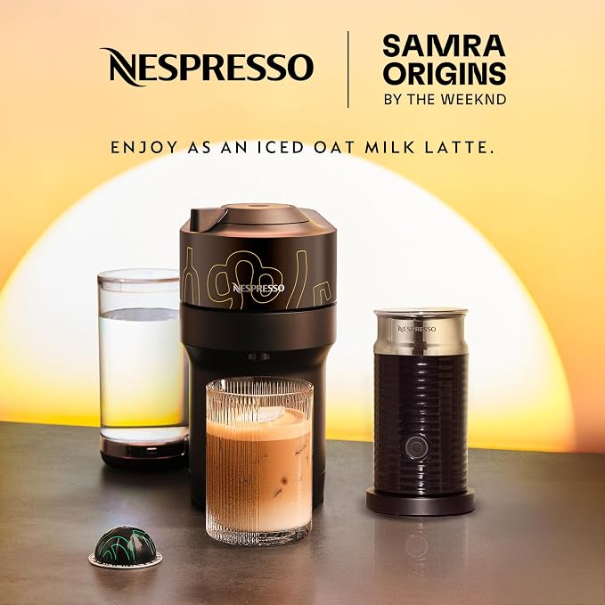Nespresso Samra Origins Vertuo Pop+ Coffee Machine with Milk Frother | Samra Origins by The Weeknd in buna yellow, by De'Longhi. Aeroccino3 frother bundle for hot or cold foam drinks at home. - Image 2
