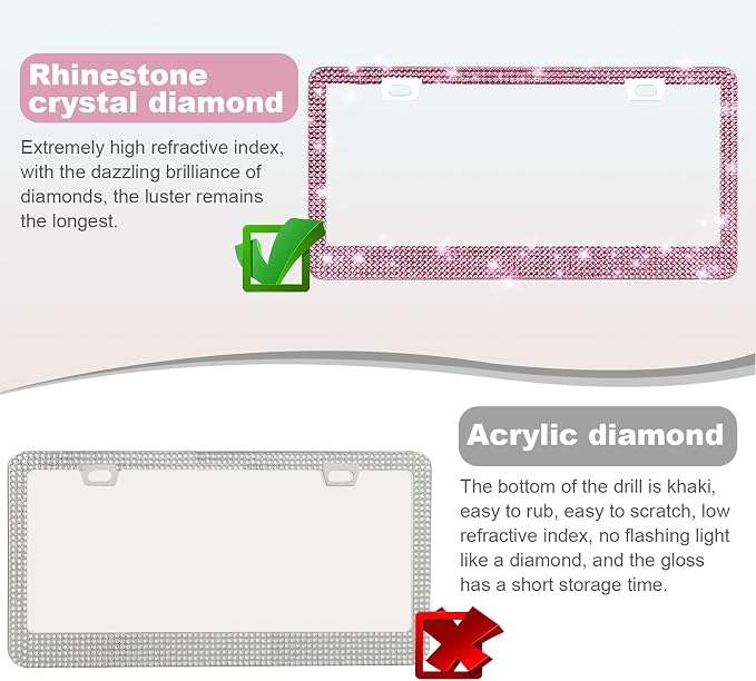 QUANQIUFEI 2 Pack Bling License Plate Frames for Women, Sparkly Rhinestone Diamond Car Accessories with Glitter Crystal Caps (Dark Pink) - Image 3