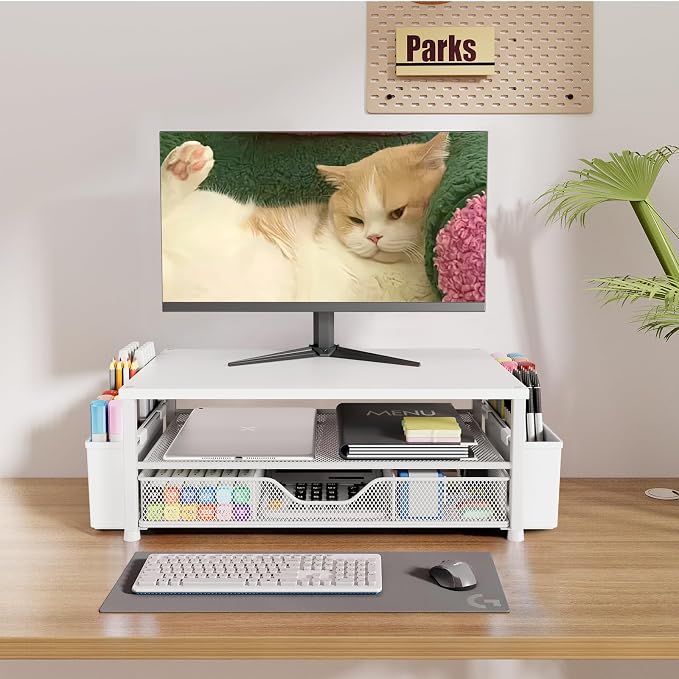 OPNICE Desk Organizers and Accessories, 2-Tier Computer Monitor Stand Riser with Drawer and 2 Pen Holders, Laptop Stand, Office Desk Accessories for Office Supplies, White Wood - Image 4