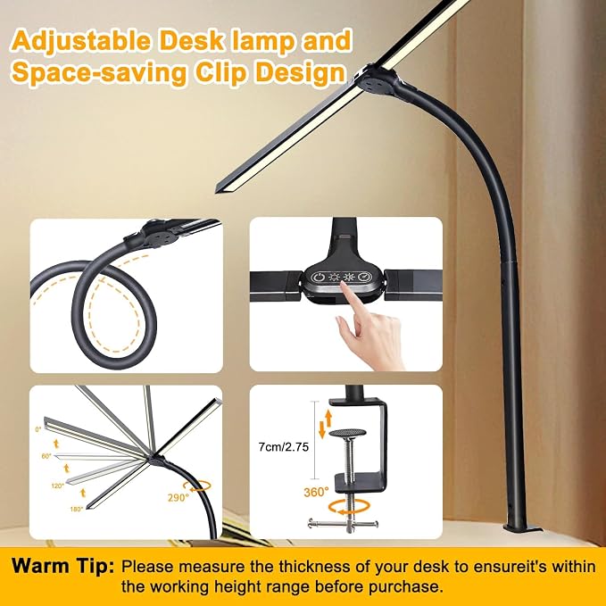 Double Head LED Desk Lamp for Office - Eye Caring Lamp with Clamp | Flexible Adjustable Lighting Gooseneck Desk Light, 4 Color Modes & 5 Brightness Levels for Monitor Workbench Study - Image 3