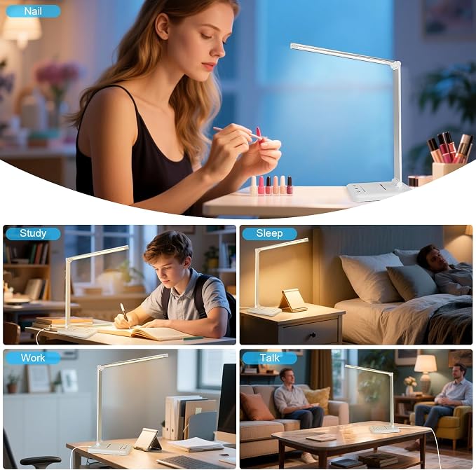 White crown LED Desk Lamp Dimmable Table Lamp Reading Lamp with USB Charging Port, 5 Lighting Modes, Sensitive Control, 30/60 Minutes Timer (White, First-Generation) - Image 5