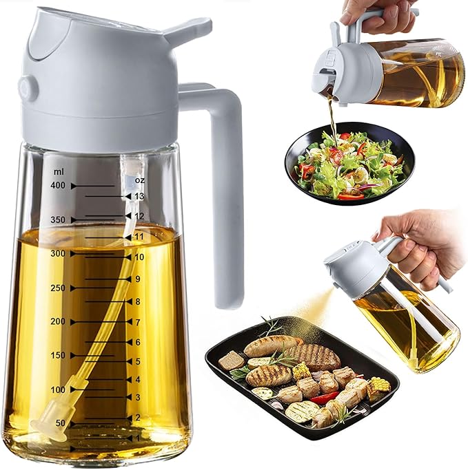 TrendPlain 16oz/470ml Glass Olive Oil Sprayer for Cooking – 2 in 1 Olive Oil Dispenser Bottle for Kitchen Gadgets and Air Fryer Accessories, Salad, BBQ - Ash by TrendPlain