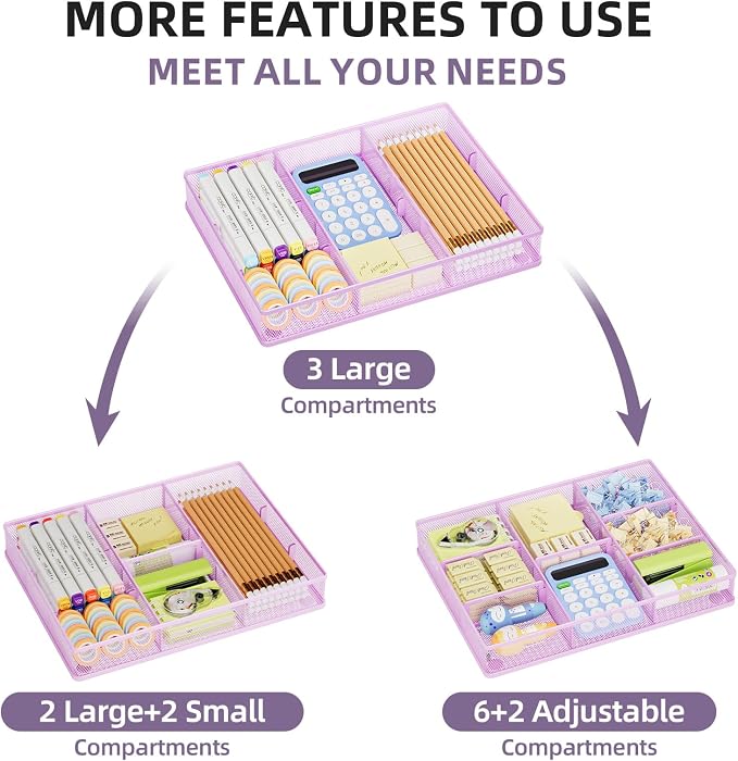 Marbrasse Desk Drawer Organizer, Metal Mesh Drawer Organizer Tray with 5 Adjustable Compartments,Desk Organizers and Accessories for Home,Office,Kitchen,Makeup,Vanity (Purple) - Image 3