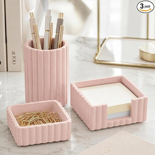 Aesthetic Desk Organizer Set of 3 For Your Office - Sturdy Concrete Desktop Accessories For Women Enhance Any Office Decor - Set incl. Pen Holder, Paperclip Storage & Sticky Note Holder for Teacher by KIBAGA