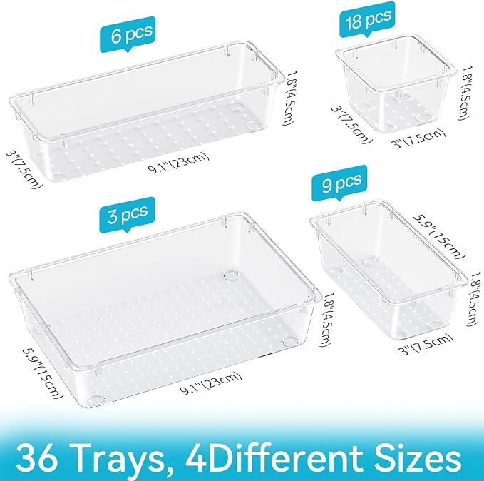 ElegantArray 36 PCS Drawer Organizer Set, 4 Sizes Tool Storage Trays, Clear Plastic Makeup Vanity Organizer and Storage Bins for Makeup, Stationeries, Multiple Gadgets for Bathroom, Office, Bedroom - Image 2