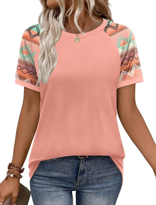 WIHOLL Womens Summer Tops Color Block Short Sleeve Raglan Shirts Spring Fashion Clothes Vacation Outfits by WIHOLL