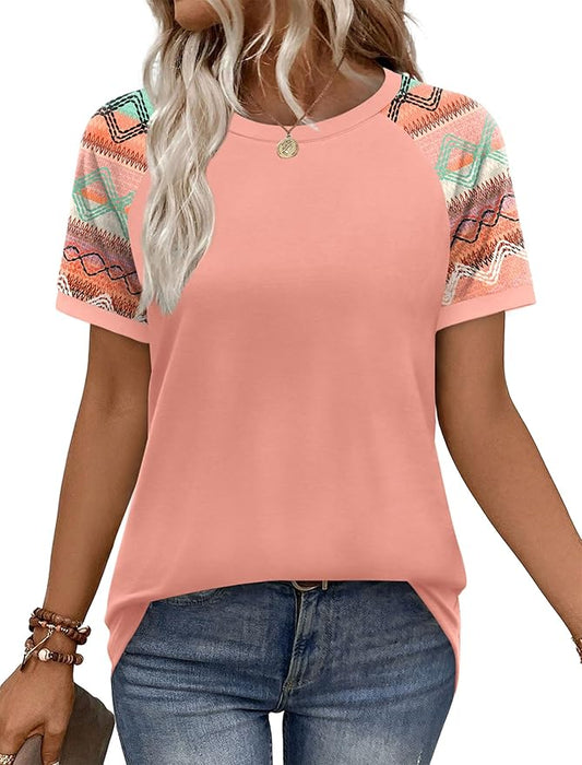 WIHOLL Womens Summer Tops Color Block Short Sleeve Raglan Shirts Spring Fashion Clothes Vacation Outfits by WIHOLL