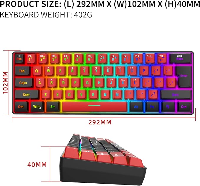 Snpurdiri 60% Wired Gaming Keyboard,True RGB Small Compact 61 Keys Mini Keyboard for PC/Mac Gamer, Typist, Travel, Easy to Carry on Business Trip(Black-Red) | Mini Gaming Keyboard for PC/Mac Gamer, Typist, Travel, Easy to Carry on Business Trip - Image 5