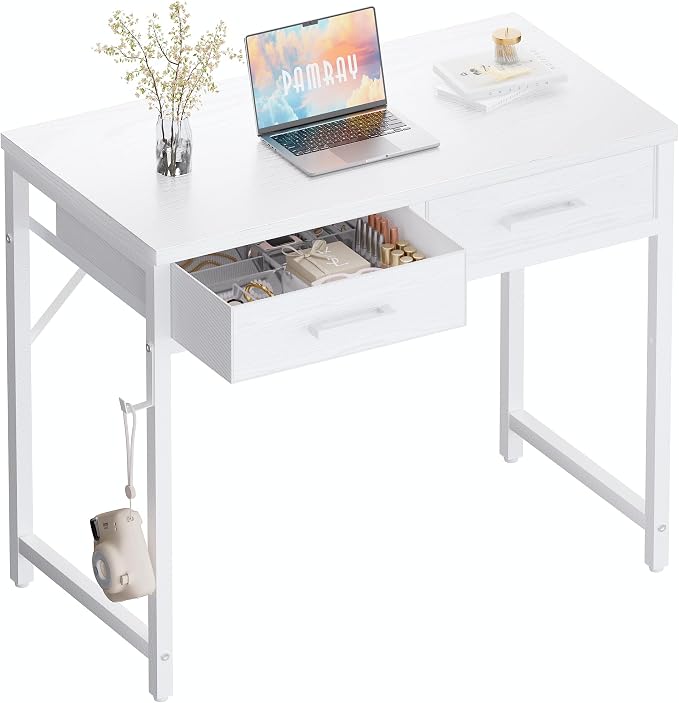 Pamray 32 Inch Small Computer Desk with 2 Drawers for Bedroom Study Writing Home Office Table for Small Spaces White by PAMRAY