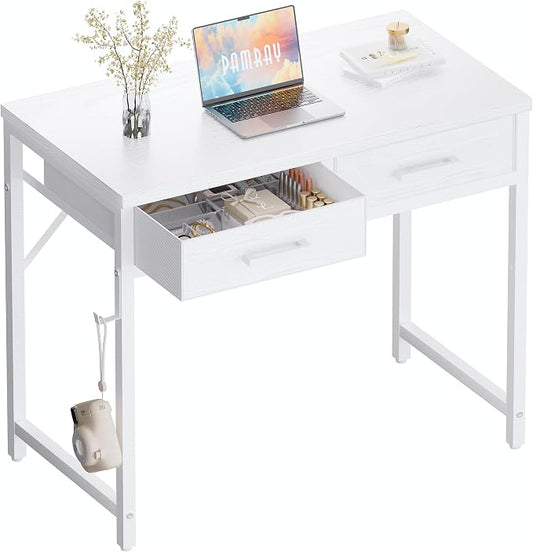 Pamray 32 Inch Small Computer Desk with 2 Drawers for Bedroom Study Writing Home Office Table for Small Spaces White by PAMRAY