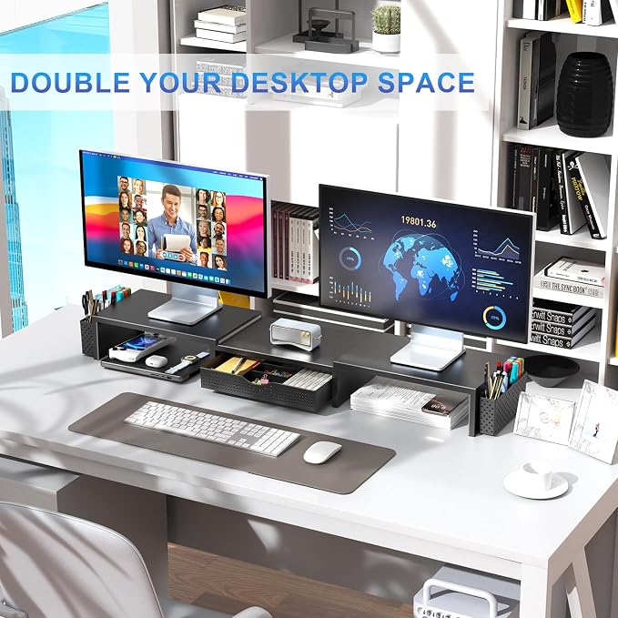 gianotter Dual Monitor Stand Riser, Desk Organizer With Drawer and 2 Pen Holders, Computer Monitor Stand, Desk Shelf for Top of Desk (Black) - Image 3