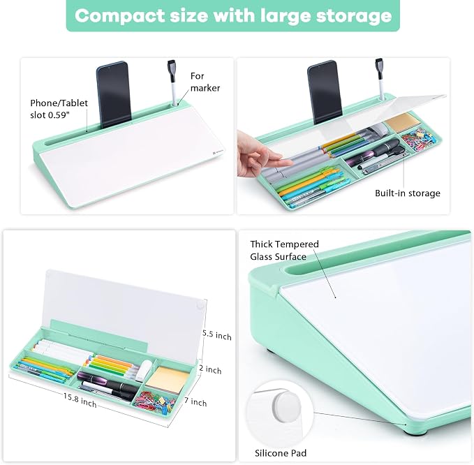 Varhomax Glass Desk Whiteboard with Storage, Desktop Dry Erase White Board to-do List Memo Keyboard Stand for Home Office and School Supplies (Green) - Image 4