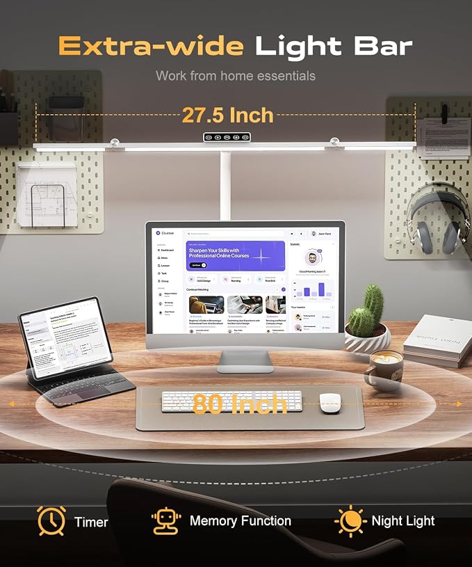 LED Desk Lamps for Home Office, Desk Light with Remote & Touch Control, Stepless Dimming,5CCT,Motion Sensor Auto On/Off, Eye-Caring Desk Lamp with Clamp for Study, Reading,Dual Monitors,White - Image 4